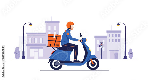 delivery courier riding electric bike carrying package in urban street, eco friendly last mile delivery and e-commerce logistics concept in modern vector style