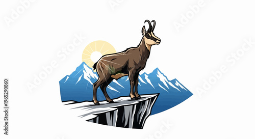 A chamois stands proudly on a snowy cliff edge with sun rays and mountains behind