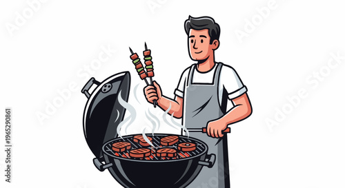 A cheerful person in an apron grills burgers and kebabs over a smoky barbecue