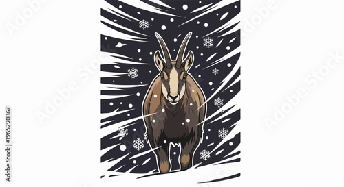 A chamois stands in snowy, abstract weather with large snowflakes