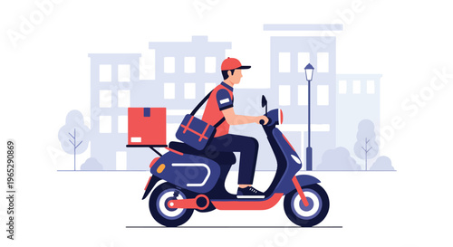 delivery courier riding electric bike carrying package in urban street, eco friendly last mile delivery and e-commerce logistics concept in modern vector style