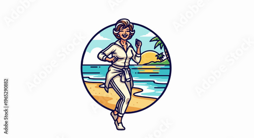 Woman in athletic wear jogging on a tropical beach at sunrise