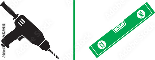 Flat vector icons featuring a black electric power drill and a green spirit level tool, representing construction, home improvement, and professional renovation equipment.