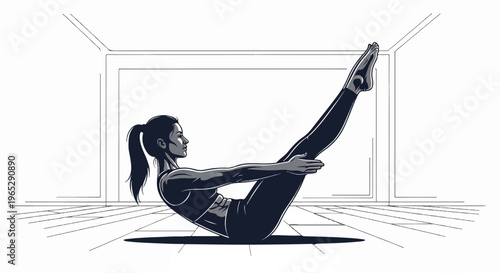 Woman in athletic wear performs core exercise on a minimalist gym floor
