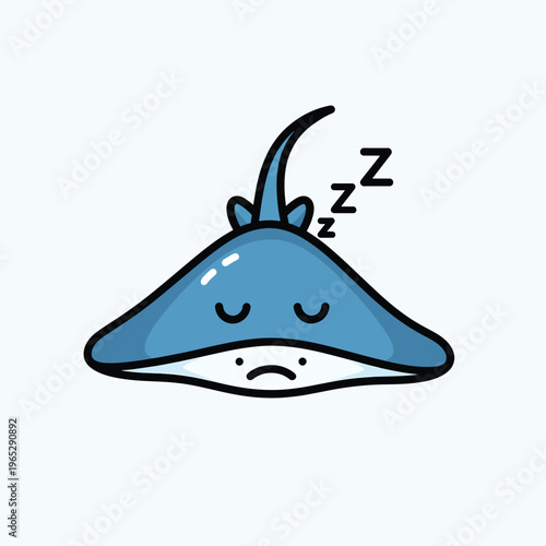 A cartoon-style illustration of a stingray, with blue body and black outlines. Closed eyes and a frowning mouth show a sleepy or sad mood, along with "Z" symbols