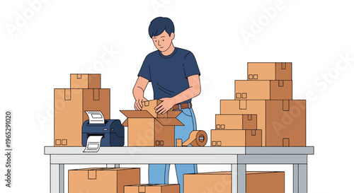 Flat style vector illustration of warehouse worker packing boxes at shipping station, e-commerce order processing and logistics fulfillment workflow in clean modern style
