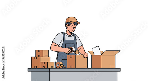Flat style vector illustration of warehouse worker packing boxes at shipping station, e-commerce order processing and logistics fulfillment workflow in clean modern style
