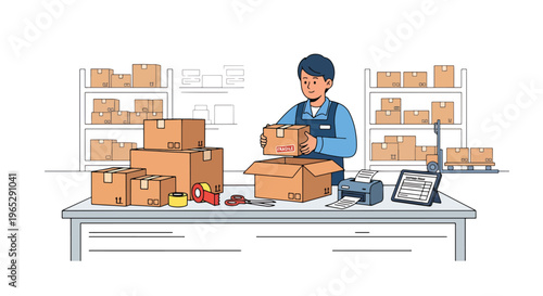 Flat style vector illustration of warehouse worker packing boxes at shipping station, e-commerce order processing and logistics fulfillment workflow in clean modern style
