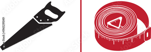 A minimalist vector illustration featuring a black hand saw and a red rolled measuring tape, separated by a vertical red line. Perfect for construction, DIY, and carpentry themes.