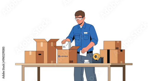 Flat style vector illustration of warehouse worker packing boxes at shipping station, e-commerce order processing and logistics fulfillment workflow in clean modern style