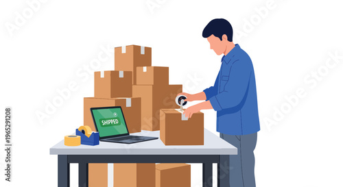 Flat style vector illustration of warehouse worker packing boxes at shipping station, e-commerce order processing and logistics fulfillment workflow in clean modern style