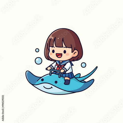 A cute cartoon of a schoolgirl riding a stingray through the water. She's smiling, wearing a uniform, and the stingray has a big smile too