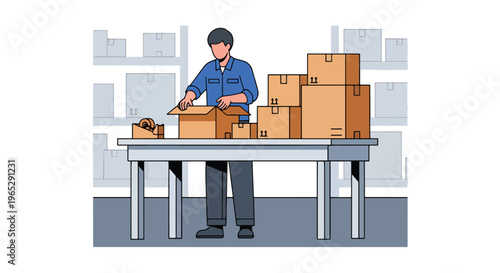 Flat style vector illustration of warehouse worker packing boxes at shipping station, e-commerce order processing and logistics fulfillment workflow in clean modern style