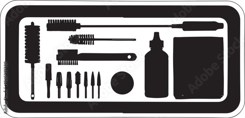 Cleaning tools, gun care kit, rifle maintenance set, black silhouette