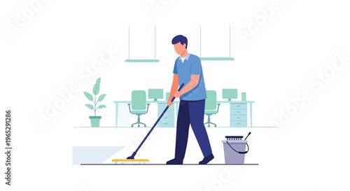 Flat style vector illustration of janitor cleaning office floor with mop in corporate building interior, workplace hygiene and maintenance service concept in modern style