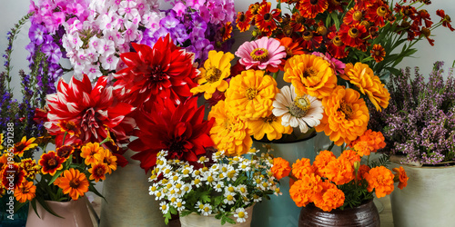 Fotografija Vibrant blooming garden flowers displaying colorful dahlia, zinnia, phlox, marig