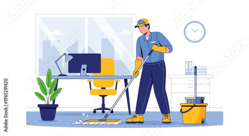 Flat style vector illustration of janitor cleaning office floor with mop in corporate building interior, workplace hygiene and maintenance service concept in modern style