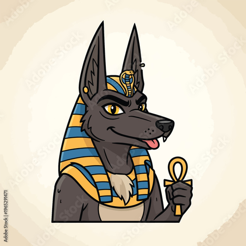 A cartoon-style illustration of an anthropomorphic canine figure, with a stylized Egyptian motif. The character holds an ankh