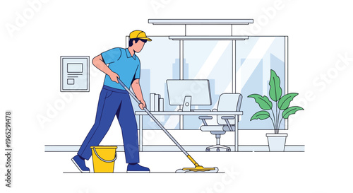 Flat style vector illustration of janitor cleaning office floor with mop in corporate building interior, workplace hygiene and maintenance service concept in modern style