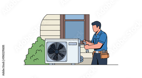 Flat style vector illustration of HVAC technician repairing air conditioning unit on residential exterior wall, cooling system maintenance and home service concept