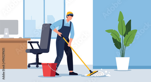Flat style vector illustration of janitor cleaning office floor with mop in corporate building interior, workplace hygiene and maintenance service concept in modern style