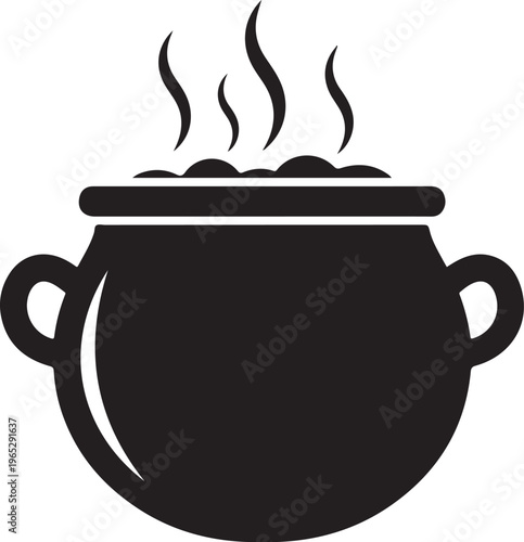 Black cauldron, steaming pot, cooking icon, kitchen symbol