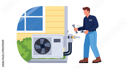 Flat style vector illustration of HVAC technician repairing air conditioning unit on residential exterior wall, cooling system maintenance and home service concept