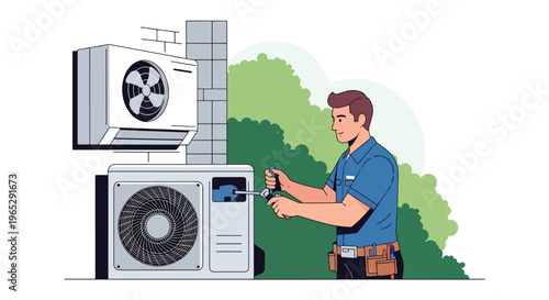 Flat style vector illustration of HVAC technician repairing air conditioning unit on residential exterior wall, cooling system maintenance and home service concept