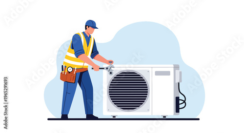 Flat style vector illustration of HVAC technician repairing air conditioning unit on residential exterior wall, cooling system maintenance and home service concept