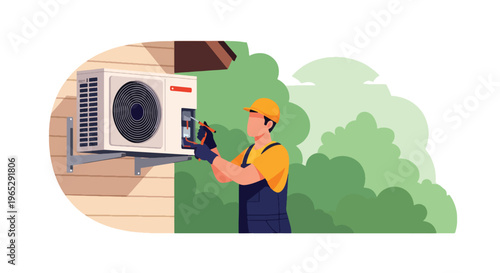 Flat style vector illustration of HVAC technician repairing air conditioning unit on residential exterior wall, cooling system maintenance and home service concept