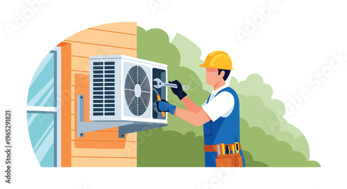 Flat style vector illustration of HVAC technician repairing air conditioning unit on residential exterior wall, cooling system maintenance and home service concept