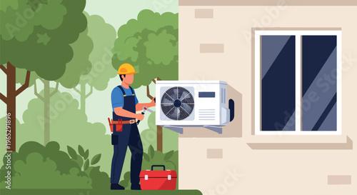 Flat style vector illustration of HVAC technician repairing air conditioning unit on residential exterior wall, cooling system maintenance and home service concept