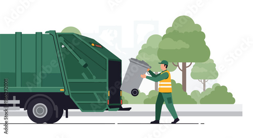 Flat style vector illustration of garbage collector lifting trash bin into truck on suburban street, sanitation service and waste management concept in clean modern style
