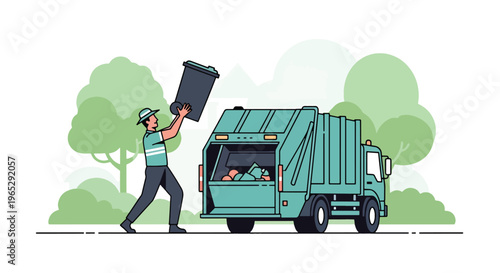 Flat style vector illustration of garbage collector lifting trash bin into truck on suburban street, sanitation service and waste management concept in clean modern style