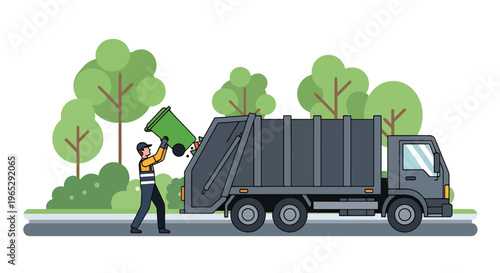 Flat style vector illustration of garbage collector lifting trash bin into truck on suburban street, sanitation service and waste management concept in clean modern style