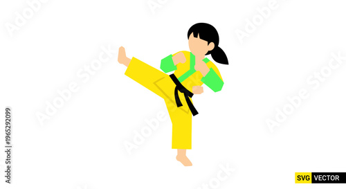 Young girl in yellow gi performing a martial arts kick, isolated on white background.