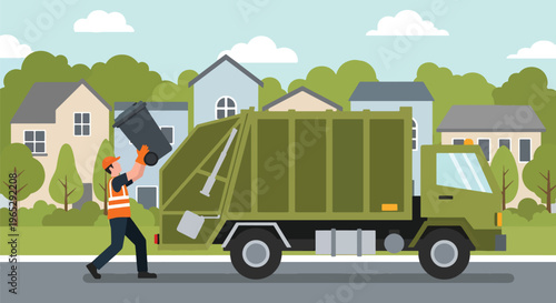 Flat style vector illustration of garbage collector lifting trash bin into truck on suburban street, sanitation service and waste management concept in clean modern style