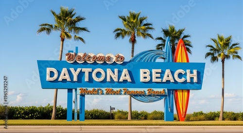 Colorful Daytona Beach Welcome Sign with Palm Trees and Surfboard