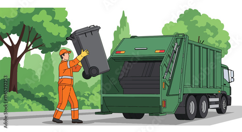 Flat style vector illustration of garbage collector lifting trash bin into truck on suburban street, sanitation service and waste management concept in clean modern style