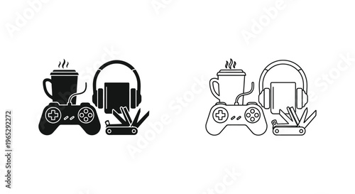 Gaming coffee cup controller headset Vector