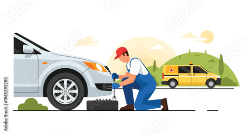 Flat style vector illustration of auto mechanic changing car tire in garage service station, roadside assistance and vehicle maintenance concept in clean modern vector style