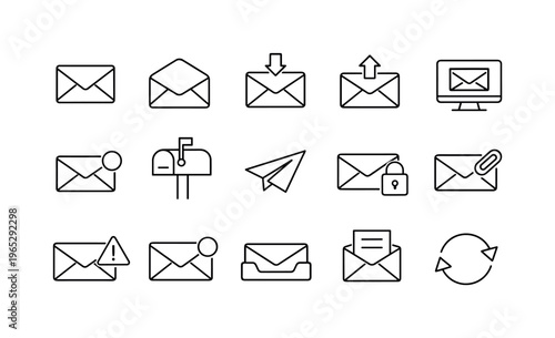 Set of minimalist line icons showing email envelopes with sending, receiving, attachment, security, notification, mailbox, and synchronization actions