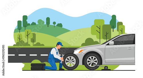 Flat style vector illustration of auto mechanic changing car tire in garage service station, roadside assistance and vehicle maintenance concept in clean modern vector style