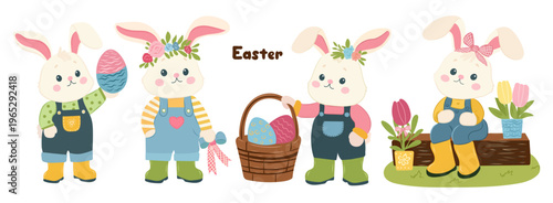 Easter illustration with cute rabbit, decorated egg, basket, white background, vector