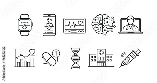 Minimal line icons set for digital healthcare, including wearable heart monitoring, medical records, telemedicine, hospital, genetics, analytics, vaccination