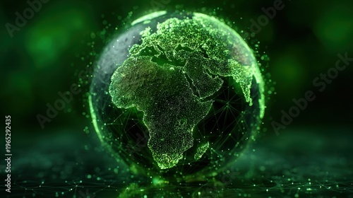 Glowing digital Earth with network connections highlighting Africa and Europe on a futuristic green background.
