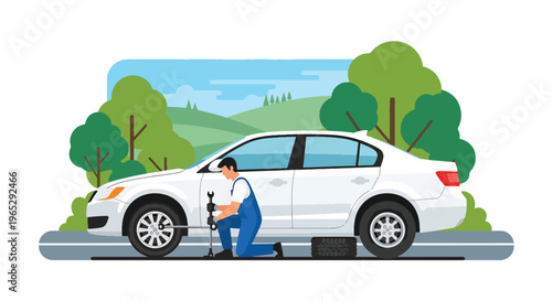 Flat style vector illustration of auto mechanic changing car tire in garage service station, roadside assistance and vehicle maintenance concept in clean modern vector style