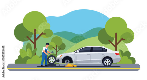 Flat style vector illustration of auto mechanic changing car tire in garage service station, roadside assistance and vehicle maintenance concept in clean modern vector style