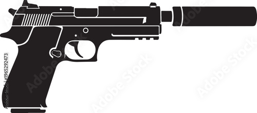 Handgun, pistol, gun, firearm, vector, black, illustration, weapon, sidearm, silencer