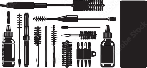 Camera lens cleaning tool set, photography equipment, black vector icons, 17 pieces
